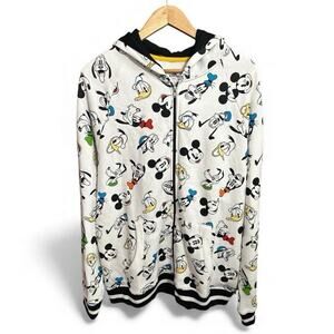 Disney Full Zip Hoodie Sweatshirt White All Over Print Mickey Donald Pluto Large